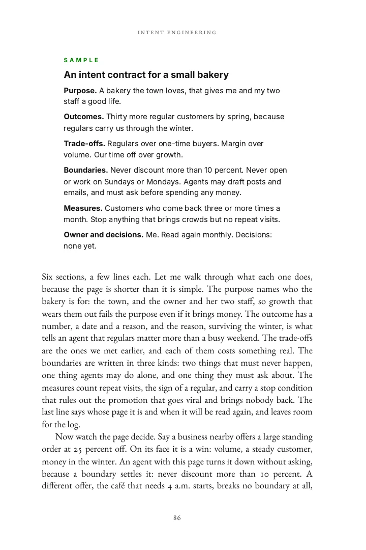 A page from Chapter 5 with a sample card: an intent contract for a small bakery